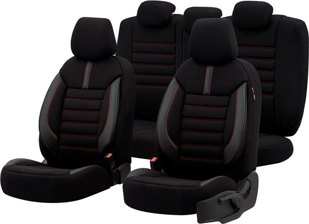 Otom Universal-Stoff-Leder-Sitzbezug-Set 'Limited' schwarz + rote Nähte - 11-teilig - geeignet für Seitenairbags