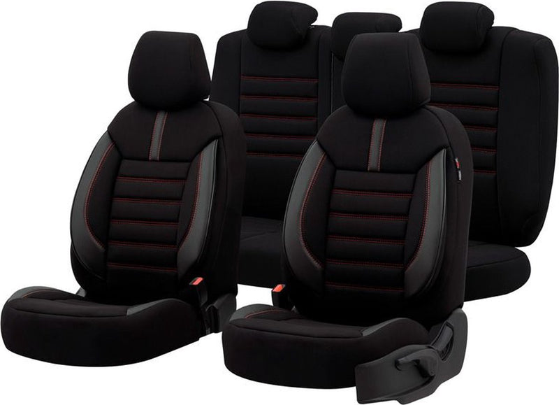 Otom Universal-Stoff-Leder-Sitzbezug-Set 'Limited' schwarz + rote Nähte - 11-teilig - geeignet für Seitenairbags