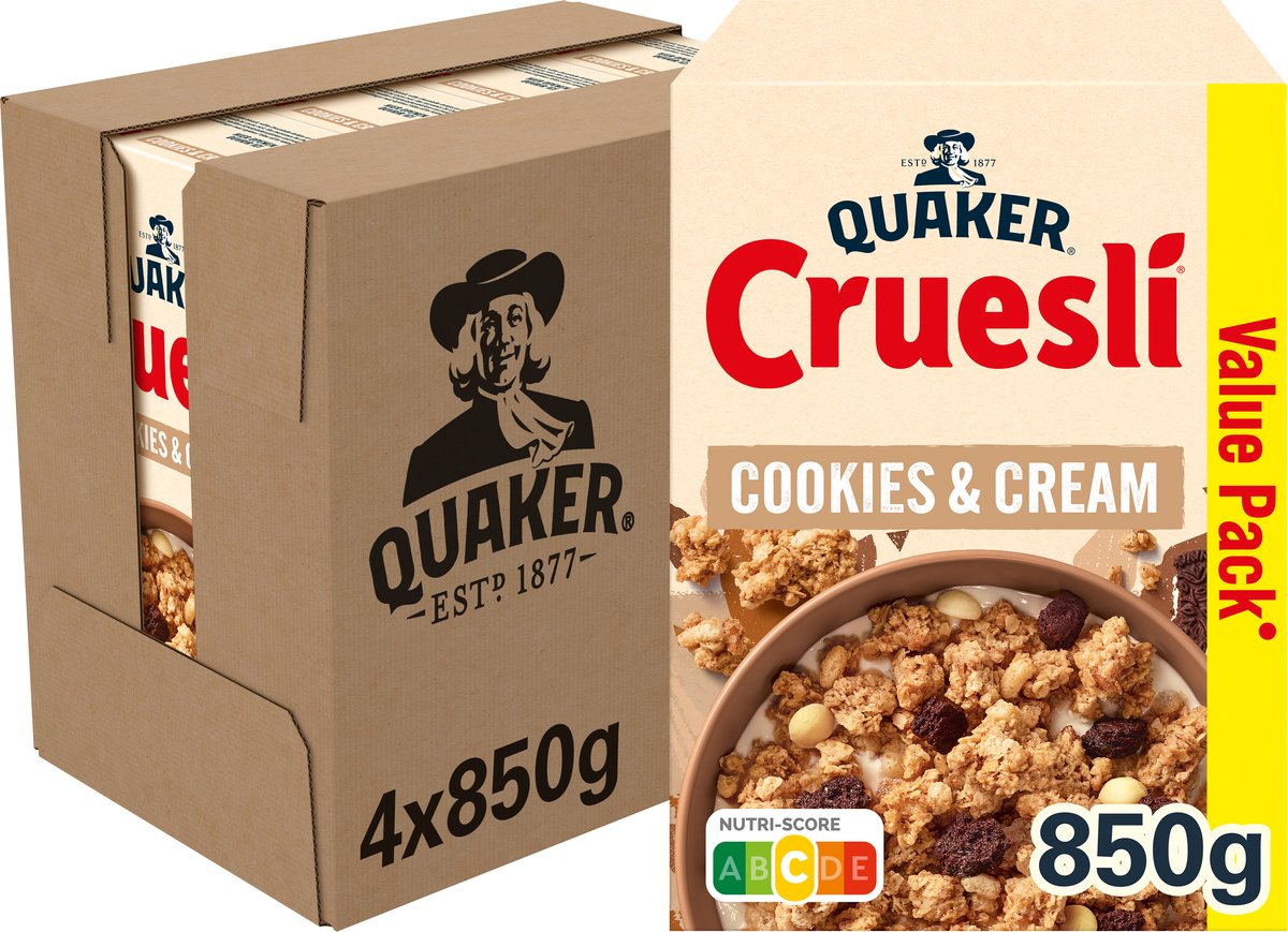 Quaker Cruesli Cookies Cream – Frühstücksflocken – 4 x 850 Gramm