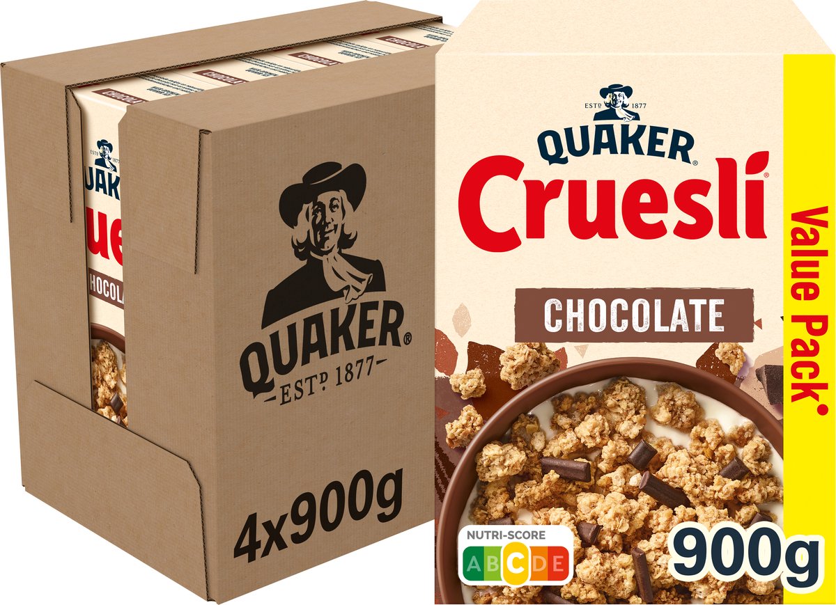 Quaker Cruesli Schokolade – Frühstücksflocken – 4 x 900 Gramm