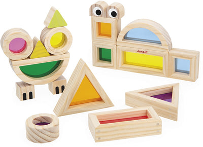 Janod – sensorisch – transluzentes Blockset – 12 geometrisch transparente Blöcke
