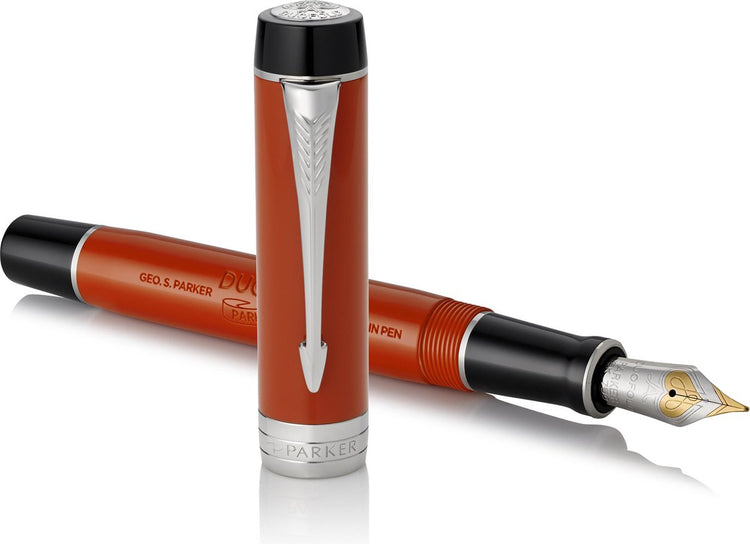 Parker Duofold Centennial Füllfederhalter | klassischer großer roter Vintage | mittlerer goldener Stift | schwarze Tinte und Konverter | Premium-Geschenkbox