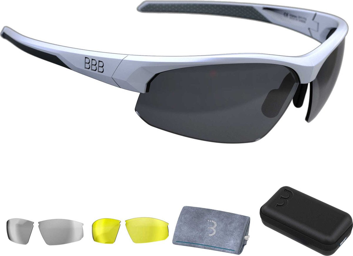 Bbb Cycling Fahrradbrille für Damen und Herren – Fahrradbrille mit 3 Gläsern – Sportbrille mit Überzug – leichte Rennradbrille – mattweiß – Impress Reiseetui bsg-58t