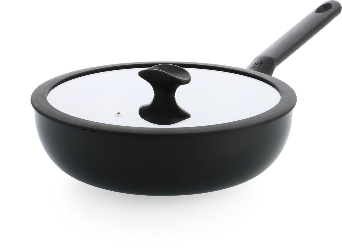 BK Enjoy Wok-Pfanne 28 cm – 4,2 l – PFAs-freie Antihaftbeschichtung – Wok-Pfanne Induktion – Keramikpfanne – ofenfest bis 160 °C – Kaltgriffe – mit Glasdeckel – Schwarz