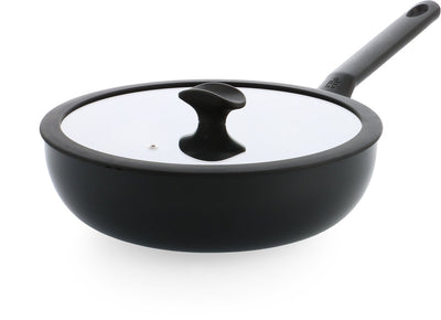 BK Enjoy Wok-Pfanne 28 cm – 4,2 l – PFAs-freie Antihaftbeschichtung – Wok-Pfanne Induktion – Keramikpfanne – ofenfest bis 160 °C – Kaltgriffe – mit Glasdeckel – Schwarz