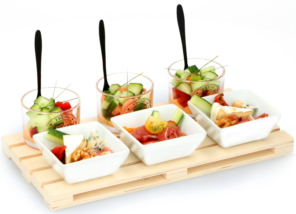 Alpina Kitchen Home Alpina Vorspeisen-Set – 1 Tablett – Mini-Palette – 3 Gläser, 3 Behälter, 3 Löffel – für Snacks und Unterhaltung
