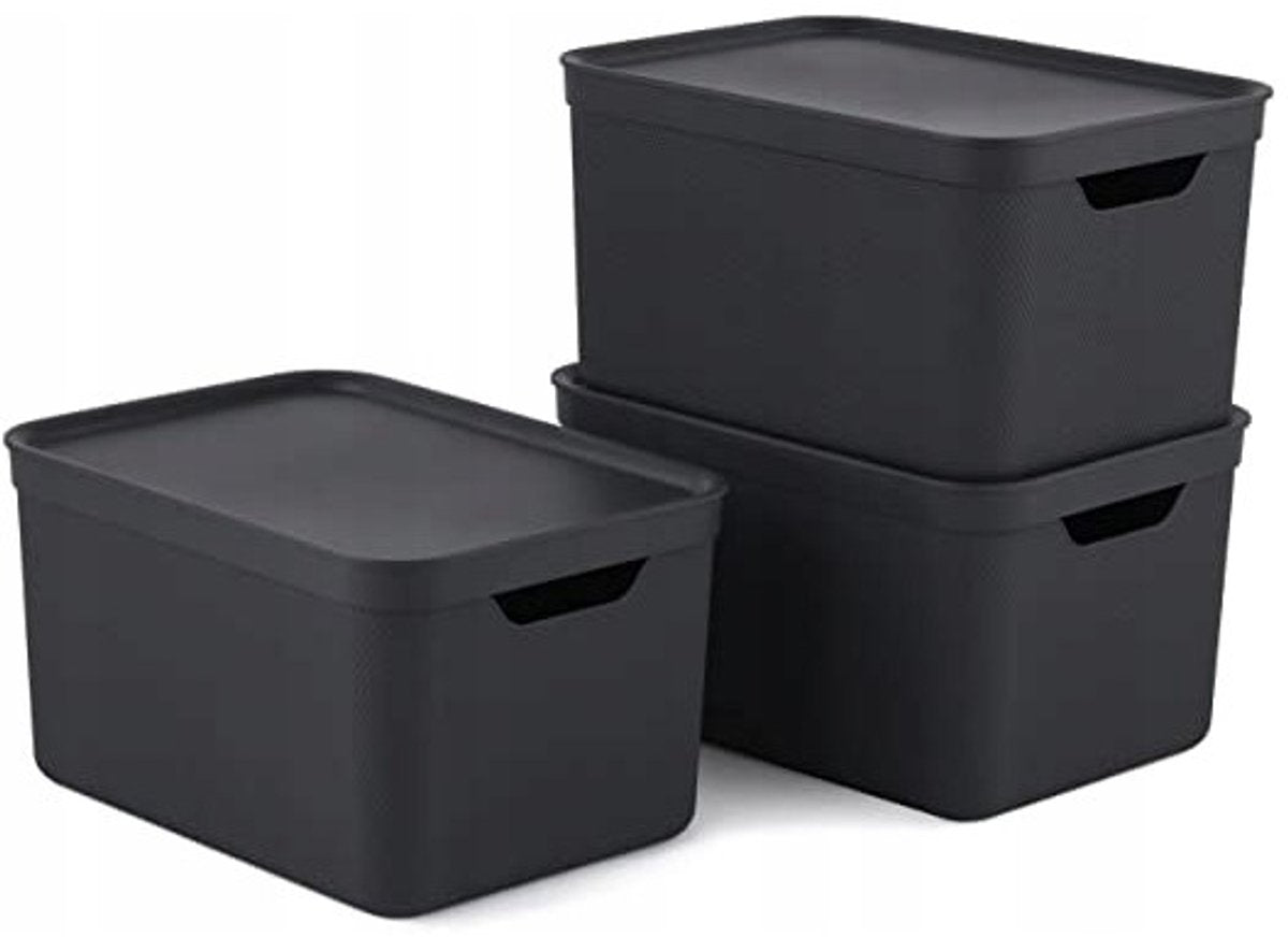 Rotho Jive Aufbewahrungsboxen 3er Set Aufbewahrungsboxen 16 l mit Deckel, Kunststoff (PP Recycling), Schwarz Anthrazit, 3x16 (35 x 25 x 20 cm)
