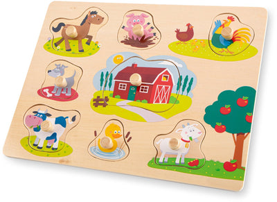 Woet® Holzknopfpuzzle Bauernhof – 8 Puzzleteile – FSC – Holzpuzzle mit Knöpfen – Lernspielzeug für Kleinkinder – ab 2 Jahren