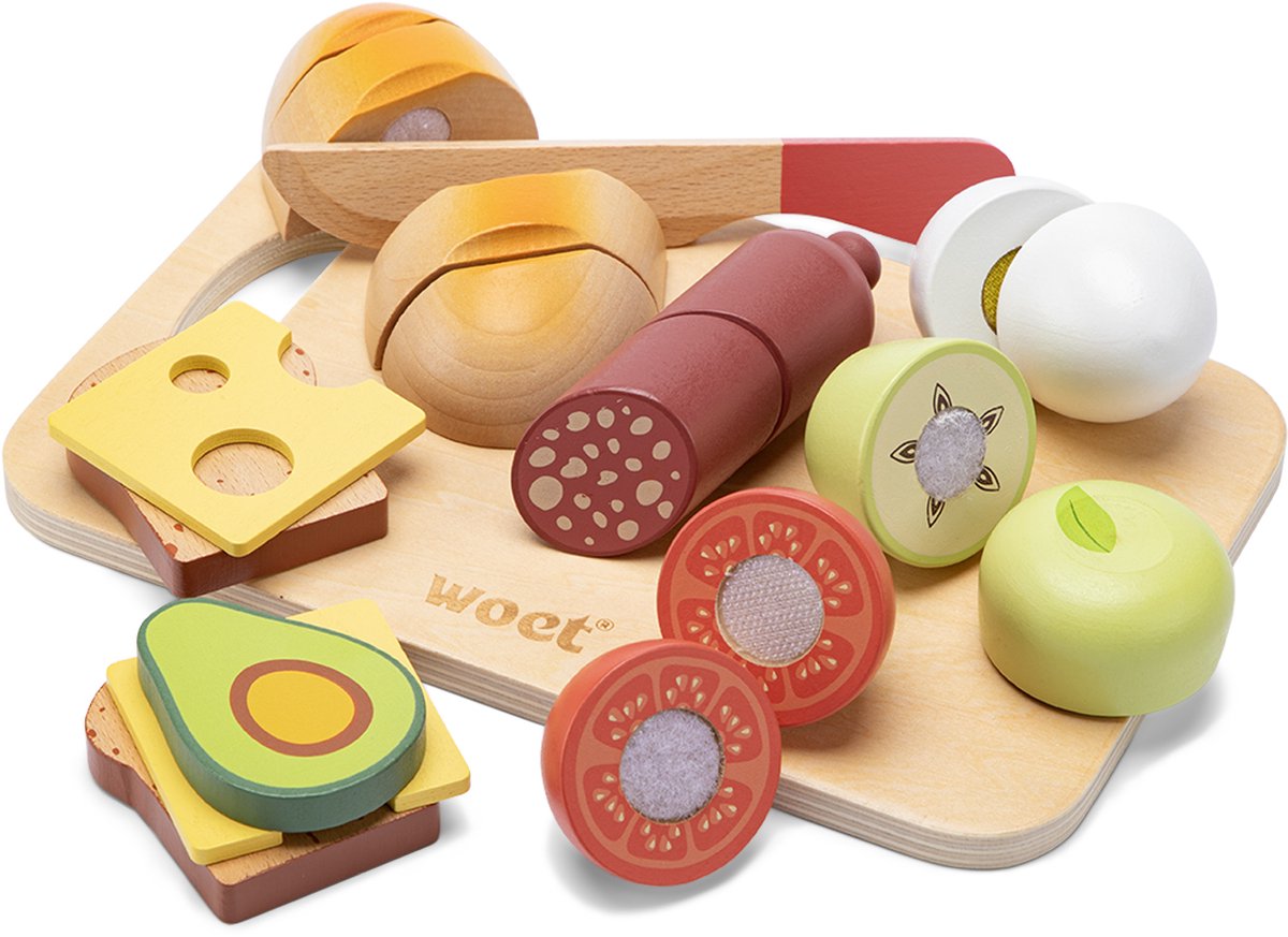 Woet® Holzschneideset Frühstück – Spielset mit Schneidebrett mit Brot, Avocado, Käse, Ei und Obst – Lernspielzeug Essen – Rollenspiel-Küchenspielzeug – ab 2 Jahren