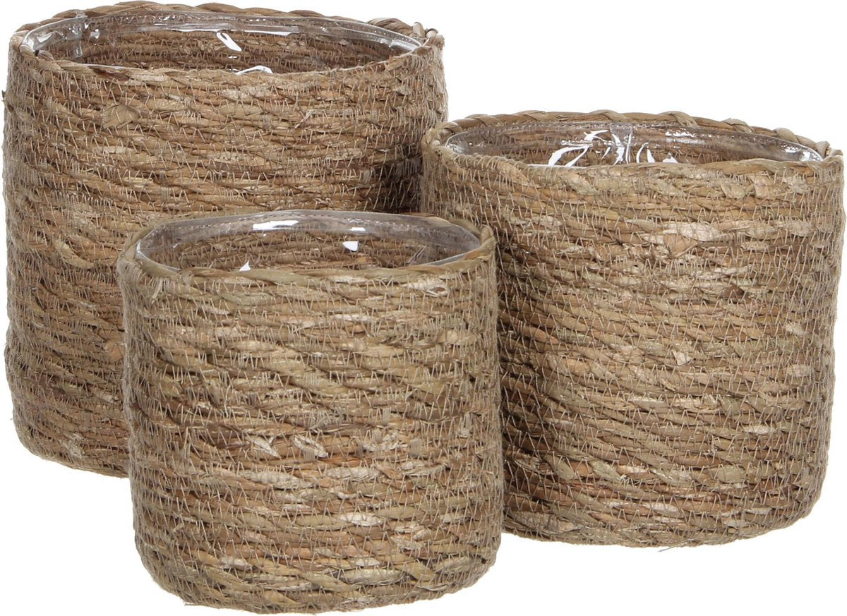 Mica Dekorationen Atlantischer Pflanzenkorb – 3er-Set – H16 x ø16 cm – Seegras – Hellbraun