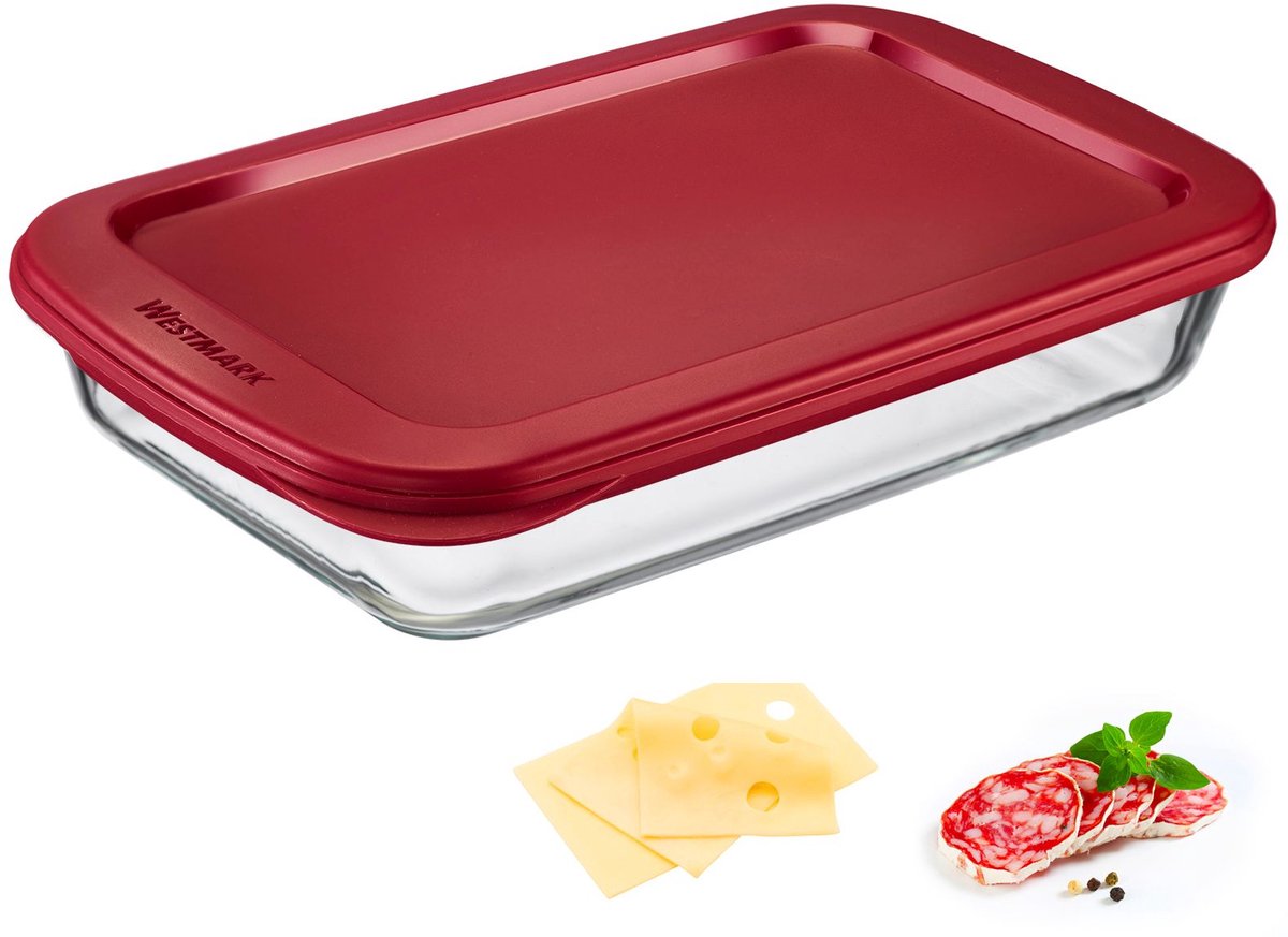 Westmark Westglasschüssel für Fleischwaren, Fassungsvermögen: 1600 ml, Borosilikatglas, luftdichter Verschluss, Glaskunststoff, transparent rot, 235622e1