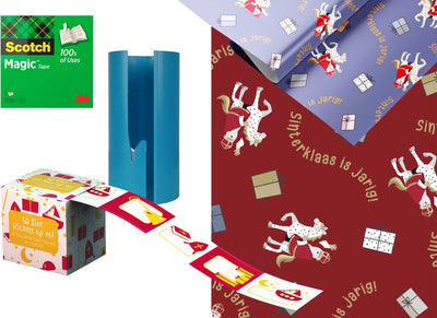 Haza Sinterklaas Verpackungspaket – 4 Rollen Geschenkpapier – Klebeband – Aufkleber-Etikettenbox – mit Papierschneider
