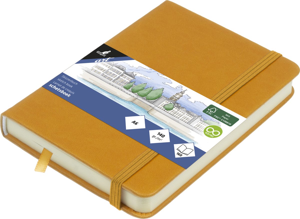 Kangaro-Skizzenbuch – A6 – Ockergelb – PU-Hardcover – mit Gummiband und Band – K-861211