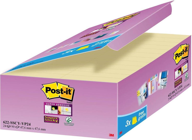 Selbstklebende Haftnotizen, Post-it, 24 x 90 Blatt, 47,6 x 47,6 mm, blanko, kanariengelb