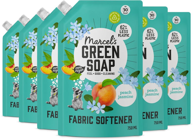 Nachfüllpackung für Weichspüler mit grüner Seife von Marcel's – Pfirsich-Jasmin – 6 x 750 ml – 180 Wäschen