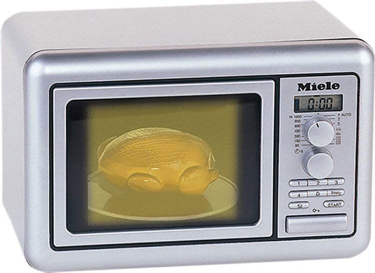 Klein Toys Miele Spielzeug-Mikrowelle - 25x16x17,5 cm - inkl. Drehteller, Knöpfe, Timer mit Soundeffekten, Display und Spielzeughuhn – grau