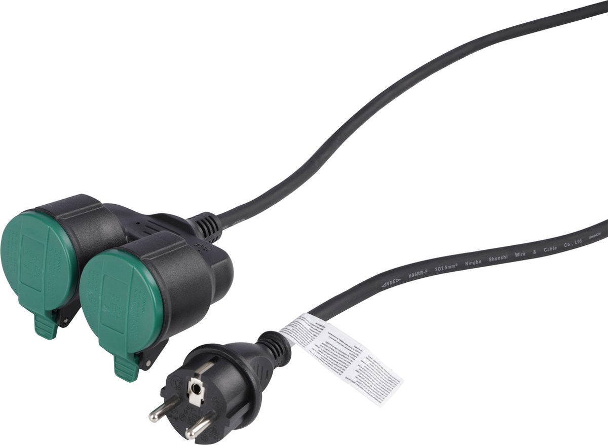 Q-Link-Verlängerungskabel – 2 x geerdet – spritzwassergeschützt (IP44) – 3 x 1,5 mm² – 5 m – Gummi – schwarz