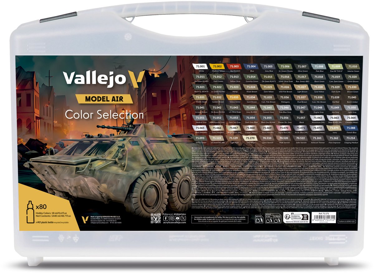 Vallejo Hobbyfarbe Acrylfarbe - 71171 Modellluft - Farbauswahl - Koffer - Acrylset 80x Farbset - 80x 18 ml