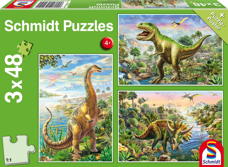 Schmidt - Puzzle - Abenteuer mit den Dinosauriern - 3 x 48 Teile - Kinder - ab 4 Jahren