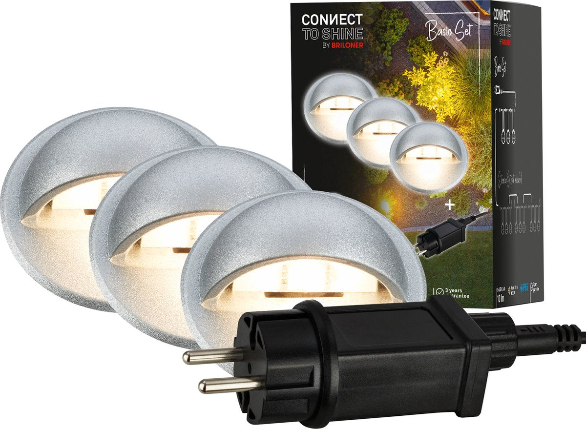 Briloner connect to Shine – LED-Bodenstrahler für den Außenbereich – 3er-Set – Gartenbeleuchtung-Starterset – warmweißes Licht – IP65 – ø3,5 x 3,6 cm – 1,5 m Kabel