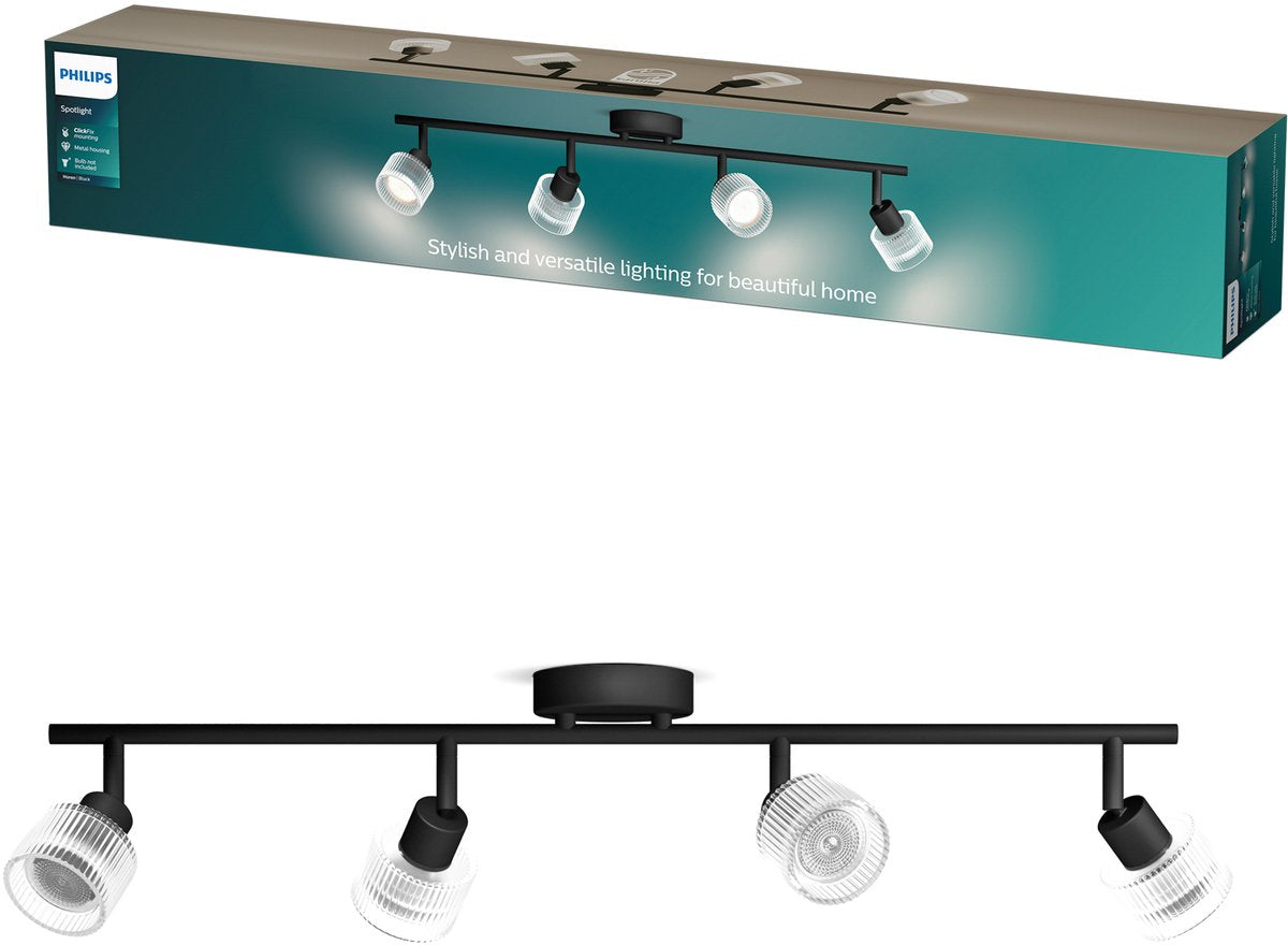 Philips Hear Aufbaustrahler – LED-Gu10-Fassung – ausrichtbar – 4 Lichtpunkte – Clickfix – Schwarz mit geriffeltem Glas