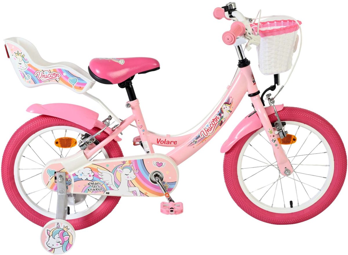 Volare Einhorn Kinderfahrrad – Mädchen – 16 Zoll – Pink – zwei Handbremsen