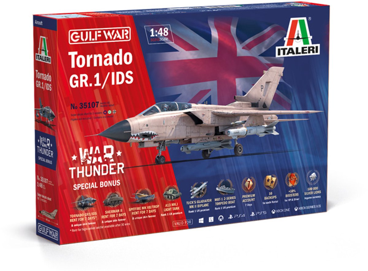Italeri Modellbausatz Militärfahrzeuge – 35107 Tornado Gr.1 IDs – Kampfflugzeug – War Thunder – Sonderbonus! Kunststoff - 1:48 - Modellbau