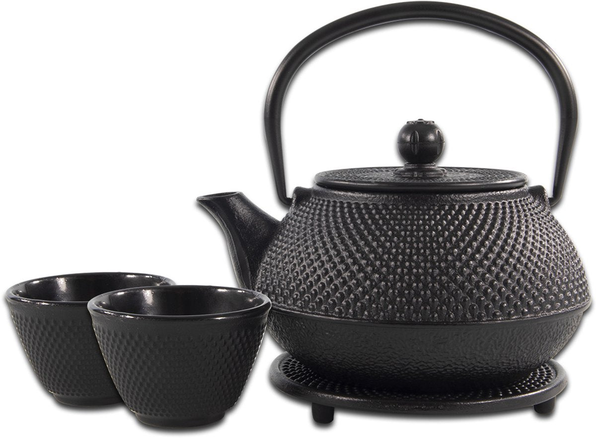 Sakuratea - Teekannen-Set - 4-teilig - Gusseisen - Schwarz - 0,8l - 2 Tassen (100ml)