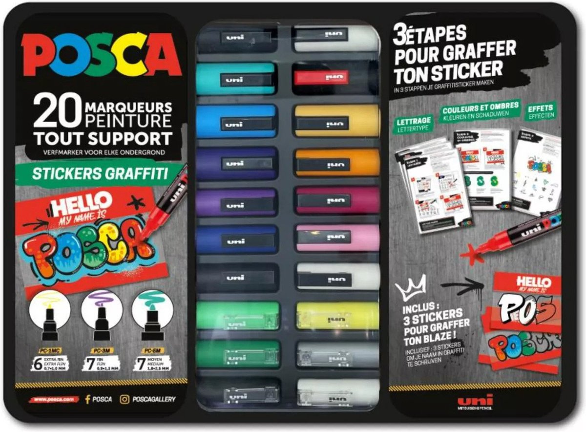 Posca Pigmentmarker „Stickers Graffiti“ – 20-teiliges Set in Metallbox