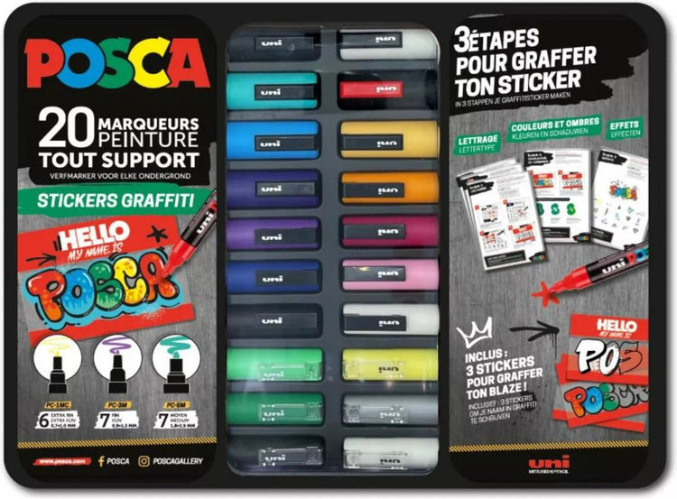 Posca Pigmentmarker „Stickers Graffiti“ – 20-teiliges Set in Metallbox