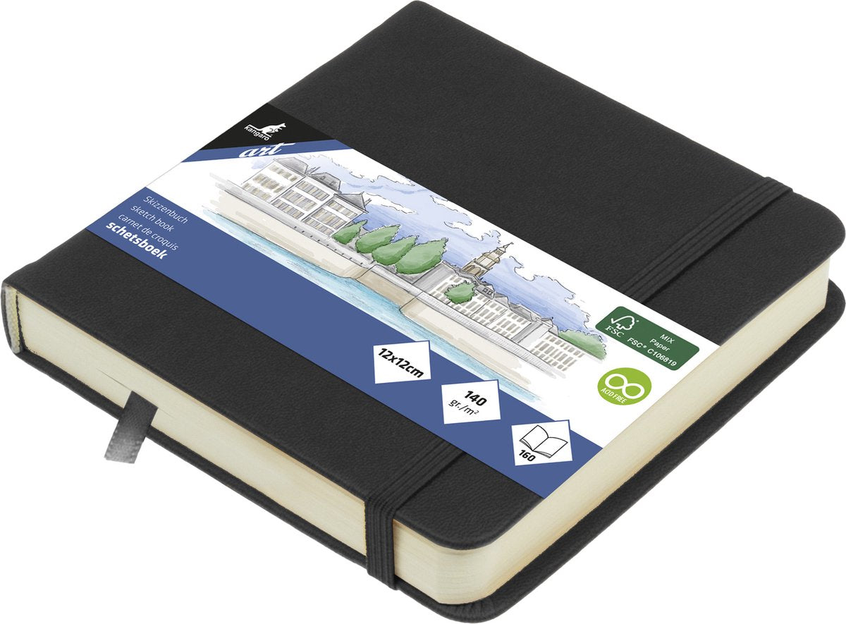 Kangaro-Skizzenbuch – 12 x 12 cm – Schwarz – PU-Hardcover – mit Gummiband und Band – 140 g Papier – 160 Seiten – k-861200
