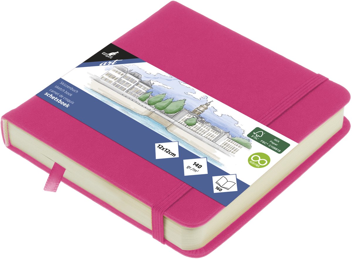 Kangaro-Skizzenbuch – 12 x 12 cm – Pink – mit Gummiband und Band – k-861250