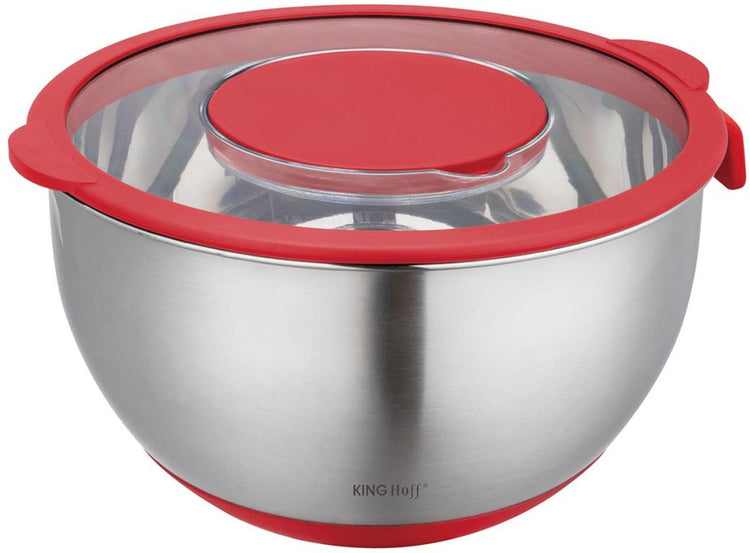 Kinghoff Edelstahl-Rührschüssel mit Deckel – multifunktional (5l, rot) – inklusive 3 Reibeinstellungen, Messskala und rutschfestem Rand – zum Mischen, Reiben und Aufbewahren
