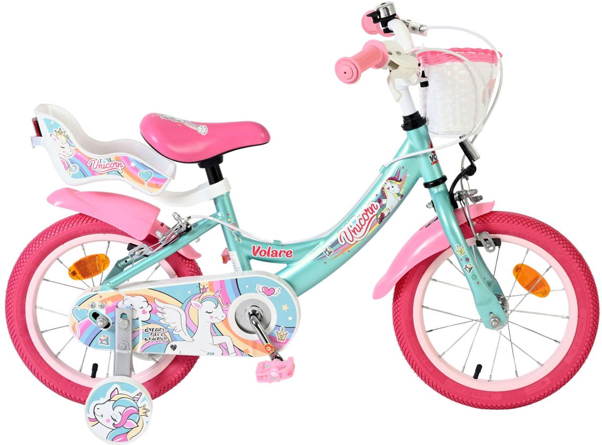 Volare Einhorn Kinderfahrrad – Mädchen – 14 Zoll – Grün – zwei Handbremsen