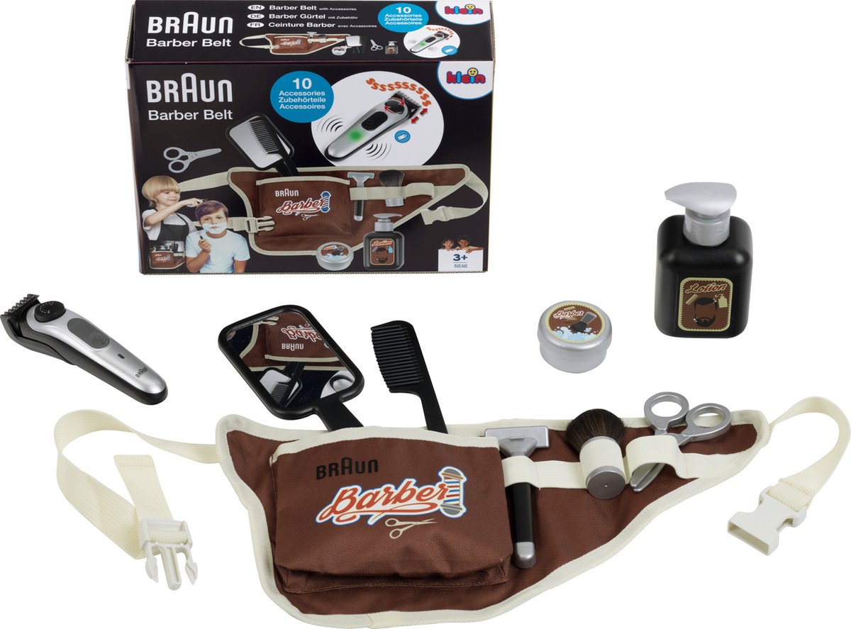 Klein Toys Braun Friseur-Set – 15 x 8 x 15 cm – Kamm, Spiegel, Schere, Rasierpinsel und Rasierer – mehrfarbig