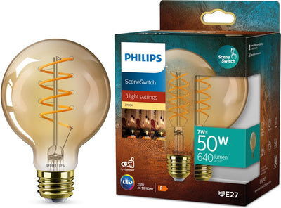 Philips LED Philips Deco LED – Szenenschalter – 50 W – E27-Fassung – G95-Kugellampenform – bernsteinfarbene Lampe