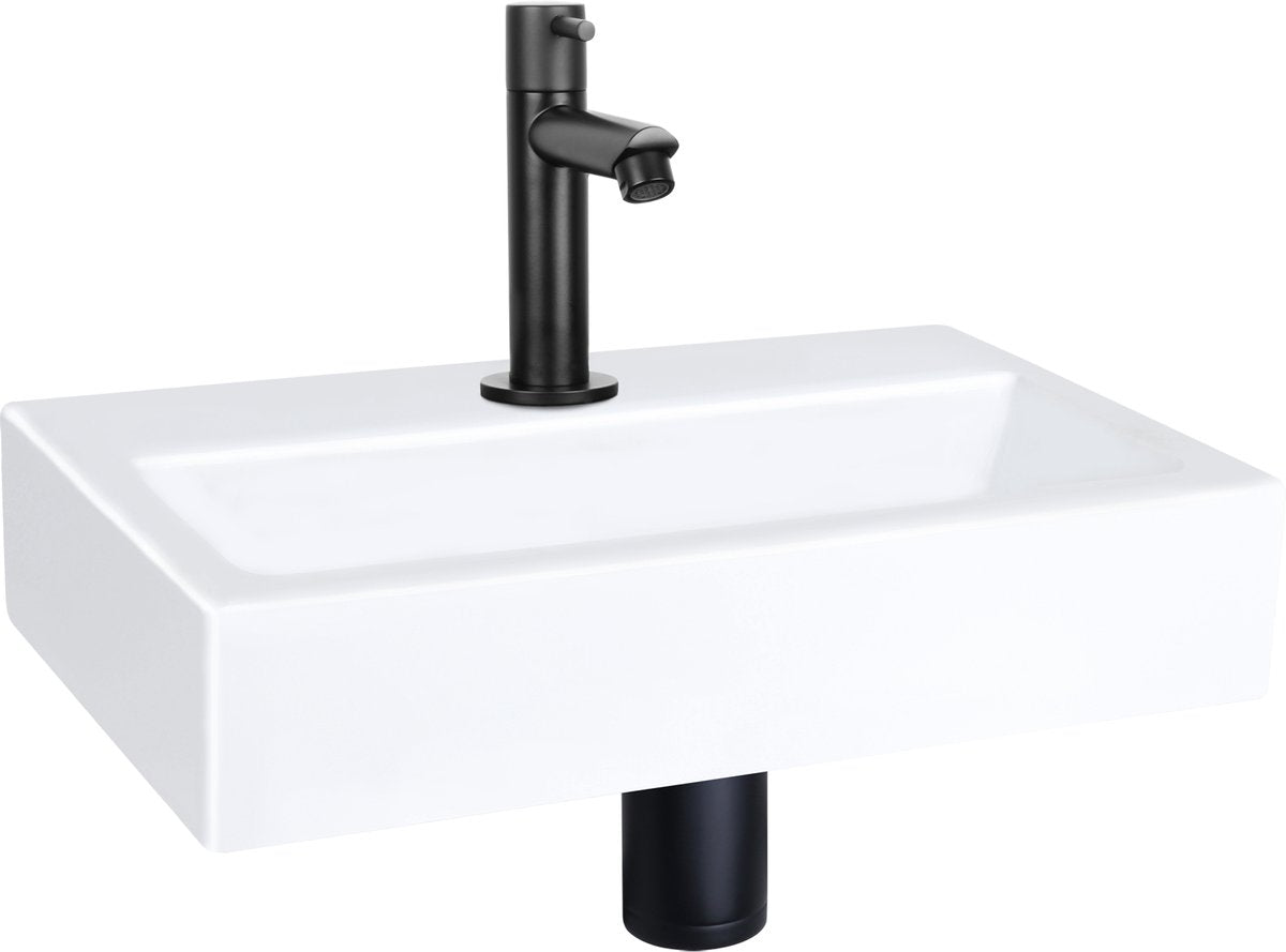Differnz Flachbrunnen-Set – 38 x 24 x 8 cm – rechteckig – 1 Hahnloch – gerader mattschwarzer Wasserhahn – Keramik weiß