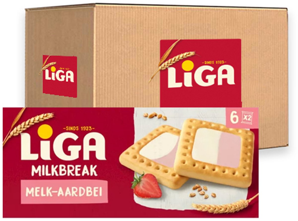 Liga Milkbreak Duo Cookies Milch Erdbeere - Box 12 x 245g - Cookie - Kekse für unterwegs oder Arbeit und Büro
