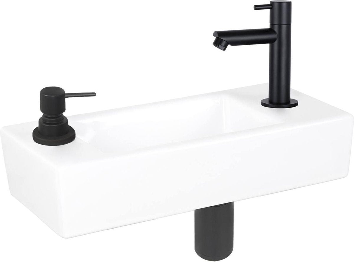 Differnz Saponbrunnen-Set – 42,5 x 18,5 x 9 cm – rechteckig – 1 Hahnloch – schwarz matt – Keramik weiß