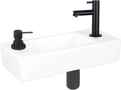 Differnz Saponbrunnen-Set – 42,5 x 18,5 x 9 cm – rechteckig – 1 Hahnloch – schwarz matt – Keramik weiß