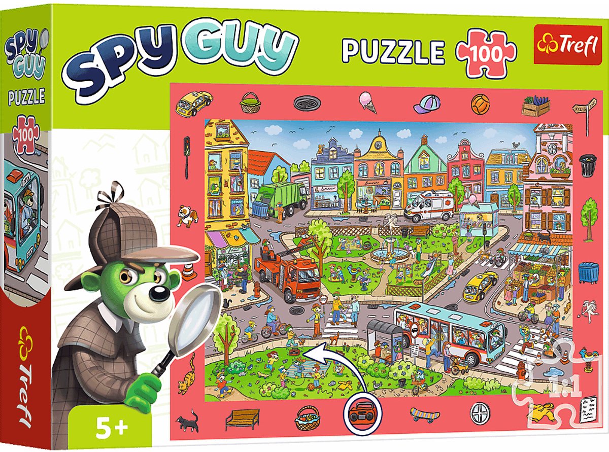 Trefl Puzzle 100 Teile – Spionagetyp – Stadt – Beobachtungspuzzle.