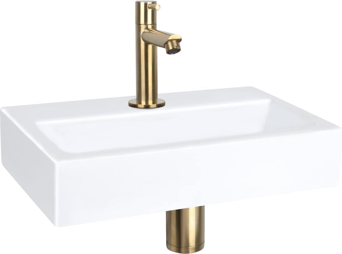 Differnz Flachbrunnenset - Keramik - Wasserhahn gerade mattgold - 38 x 24 x 7 cm