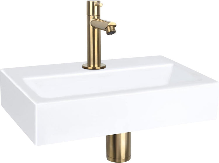 Differnz Flachbrunnenset - Keramik - Wasserhahn gerade mattgold - 38 x 24 x 7 cm
