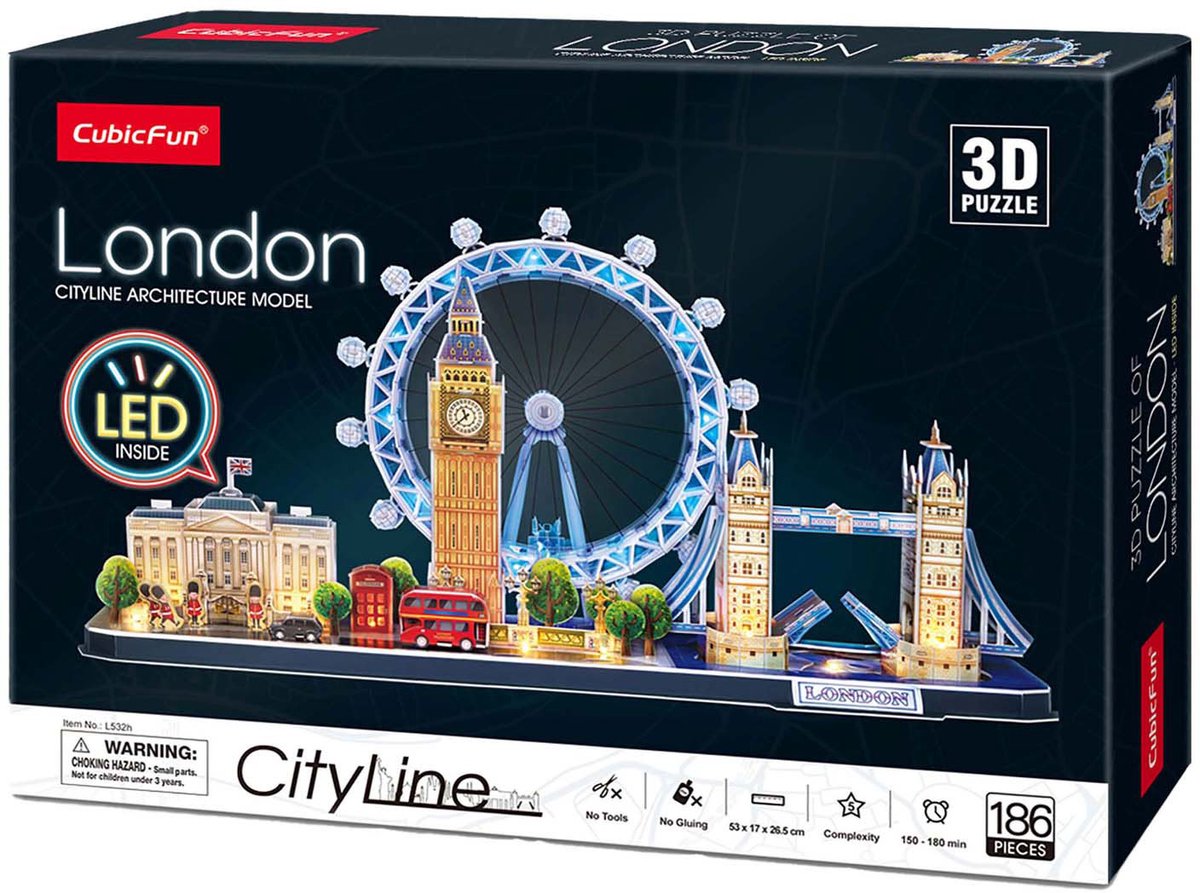Würfelspaßiges 3D-Puzzle City Line London LED, 107 Teile.