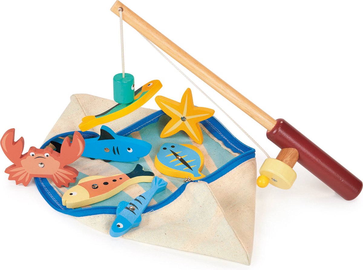 Mentari-Spiel – Angeln – mit Angelrute aus Holz – 7 magnetische Meerestiere – 2 Jahre