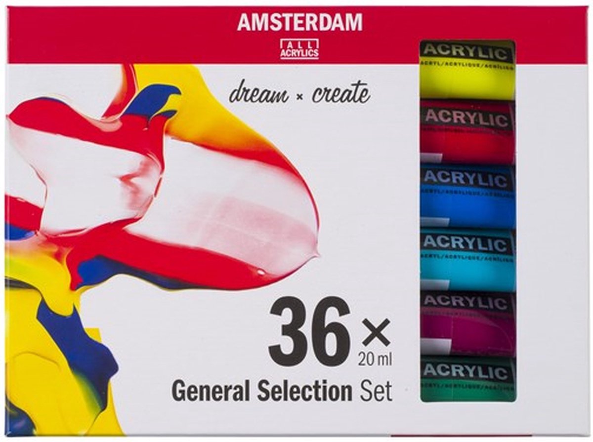Bruynzeel Amsterdam Standard-Serie, allgemeines Auswahlset für Acrylfarben, 20 ml, 36 Stück.