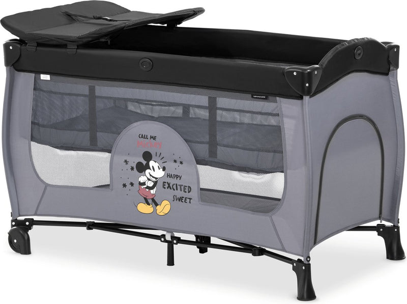 Hauck Sleep n Play Center – 120 x 60 cm – Campingbett – Sockelerhöhung – Wickeltablett – Räder mit seitlicher Öffnung – Mickey-Mouse-Grau