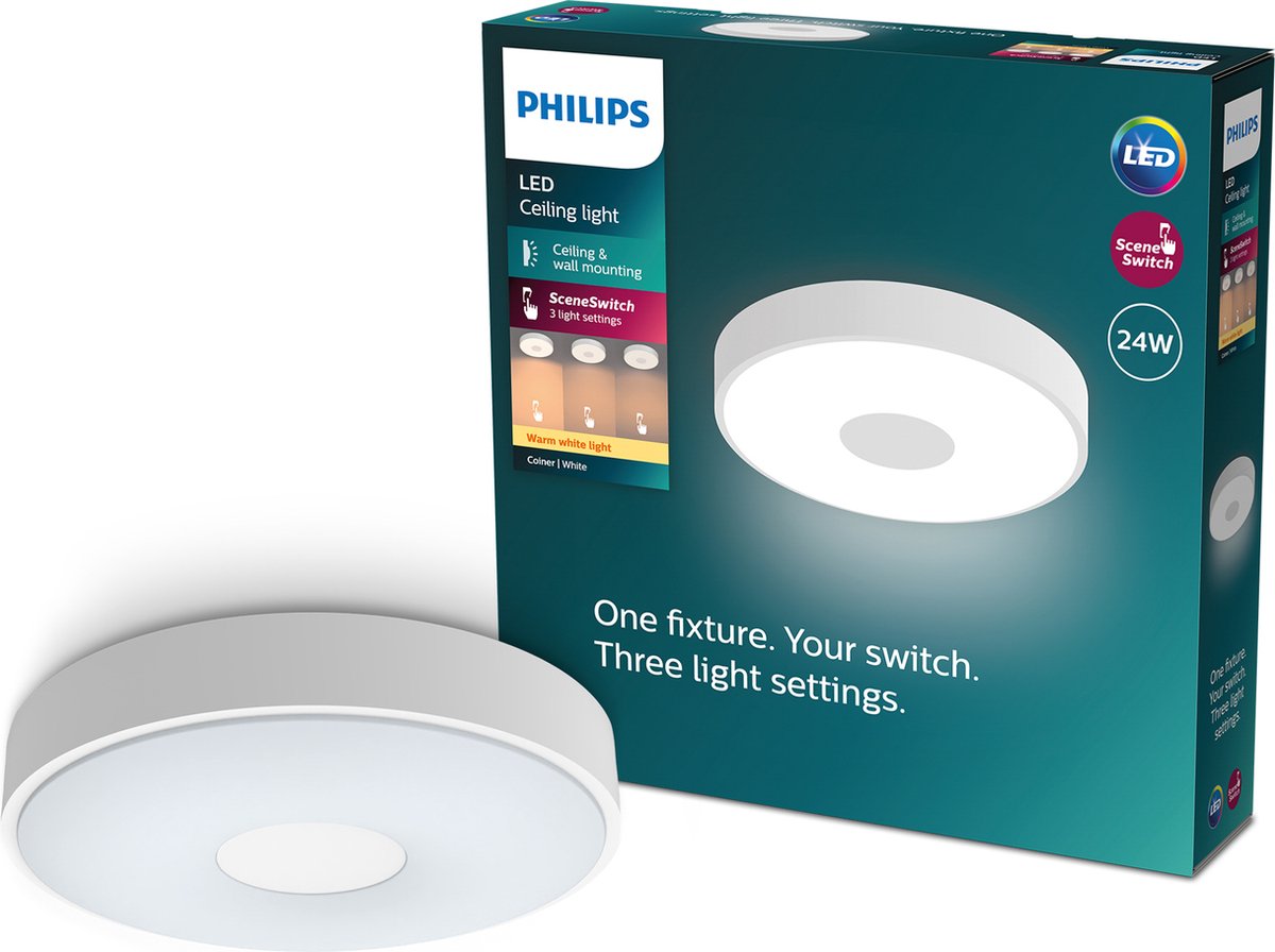 Philips LED Philips Coiner Deckenleuchte – Szenenschalter-Lichttechnologie – 24 W – warmweißes Licht – weißes Design
