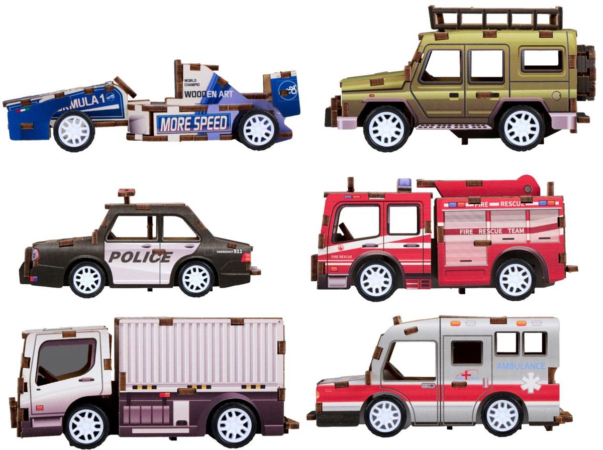 Eddy Toys Holzfahrzeug-Spielzeugset – Holzauto-Spielzeug zum Selbermachen für Kinder – Holz-Kinderauto, Rennwagen, Feuerwehr, Polizei, LKW, Krankenwagen – 1 zufälliges Set