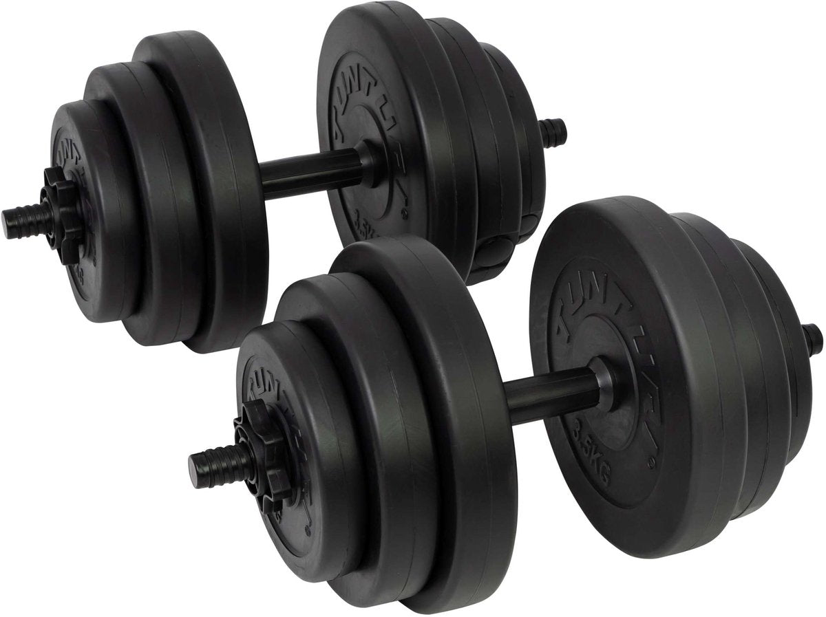 Tunturi Gewichte – Langhantel-Set – Kurzhantel-Set – 2 Stück – insgesamt 28 kg – schwarz – Vinyl – inkl. kostenlose Fitness-App